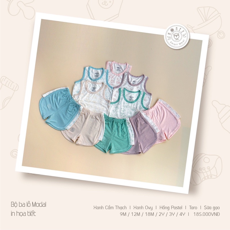 Bộ Hrnee ba lỗ sát nách hoạ tiết chất Modal mềm mát cho bé trai bé gái