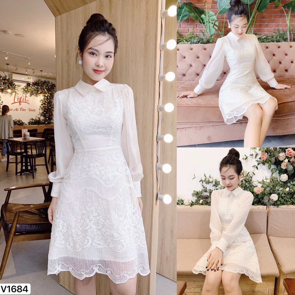 Váy ren kem tay dài cổ đức V1684  - ĐẸP SHOP DVC ( Ảnh mẫu và ảnh trải sàn do shop tự chụp )