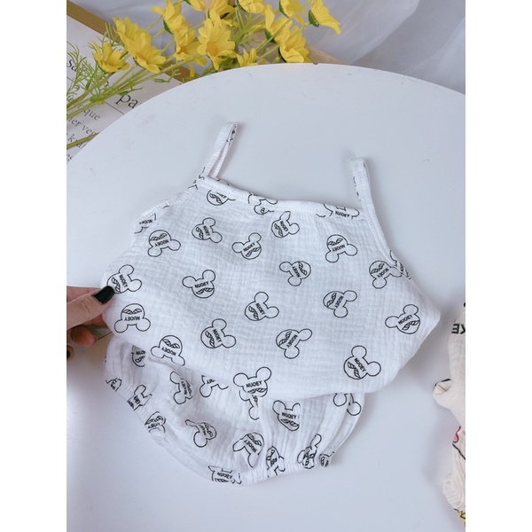 NT053 Bộ hai dây vải xô Muslin quần đùi chip hoạ tiết xinh xắn cho bé gái