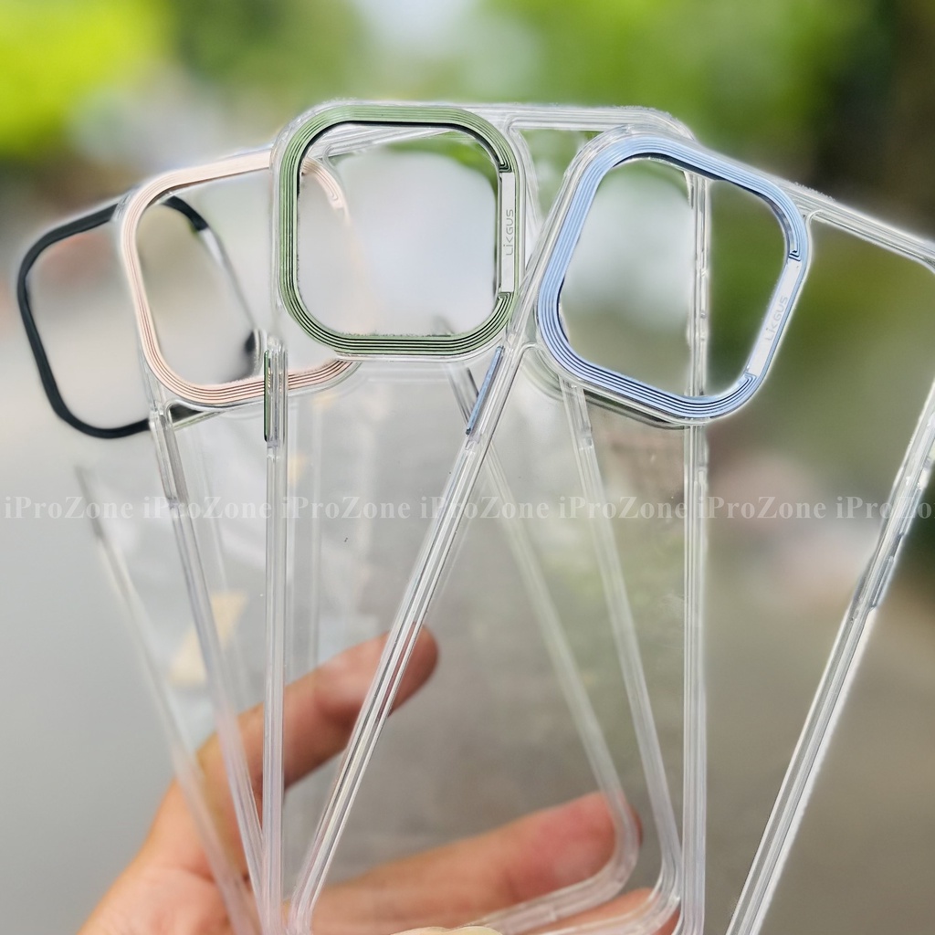 Ốp Trong suốt viền camera kim loại Likgus Cho Điện thoại 13 Max , 12 Max , Chống sốc , lưng cứng chống ố vàng