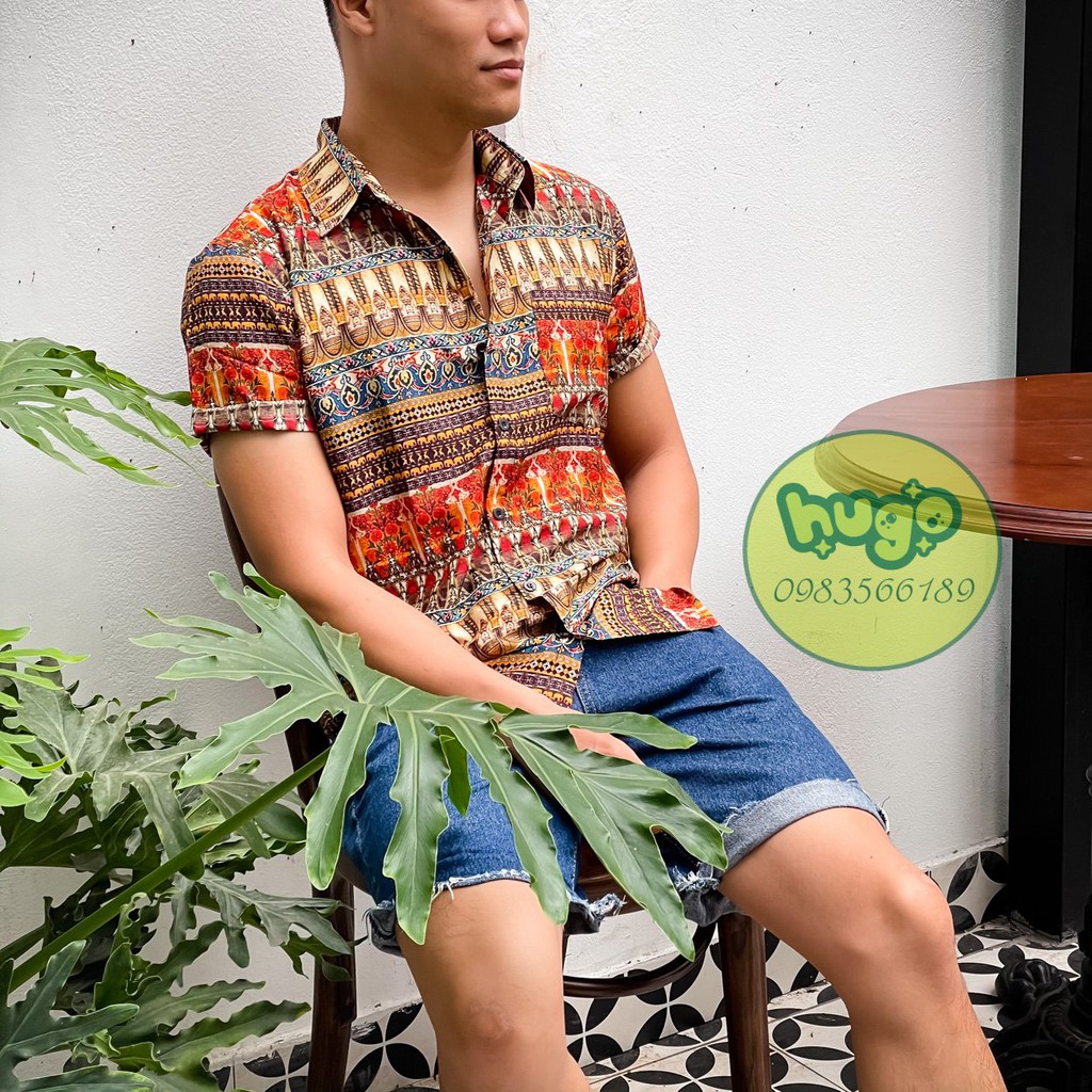 Áo sơ mi thổ cẩm  lụa cát họa tiết đi biển 🌈FREESHIP🌈 áo nam chất đẹp ngắn tay - họa tiết thổ cẩm phom vừa - Hugo Shop