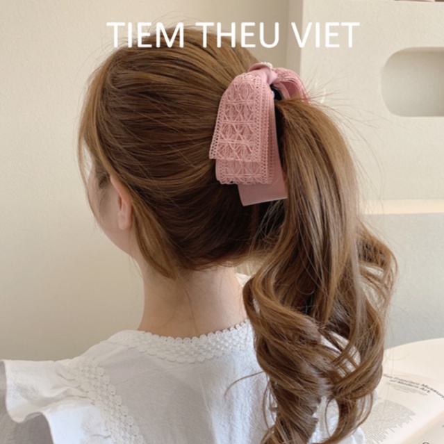 Kẹp Tóc Dọc Tiệm Thêu Việt Đính Nơ Ruy Băng Làm Phồng Tóc