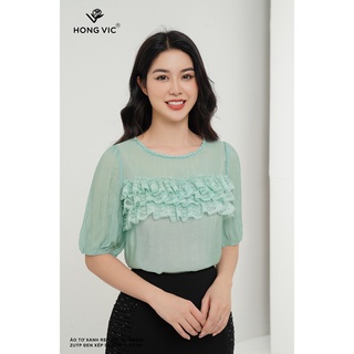 Áo nữ thiết kế Hong Vic tơ xanh ren ngực SM439