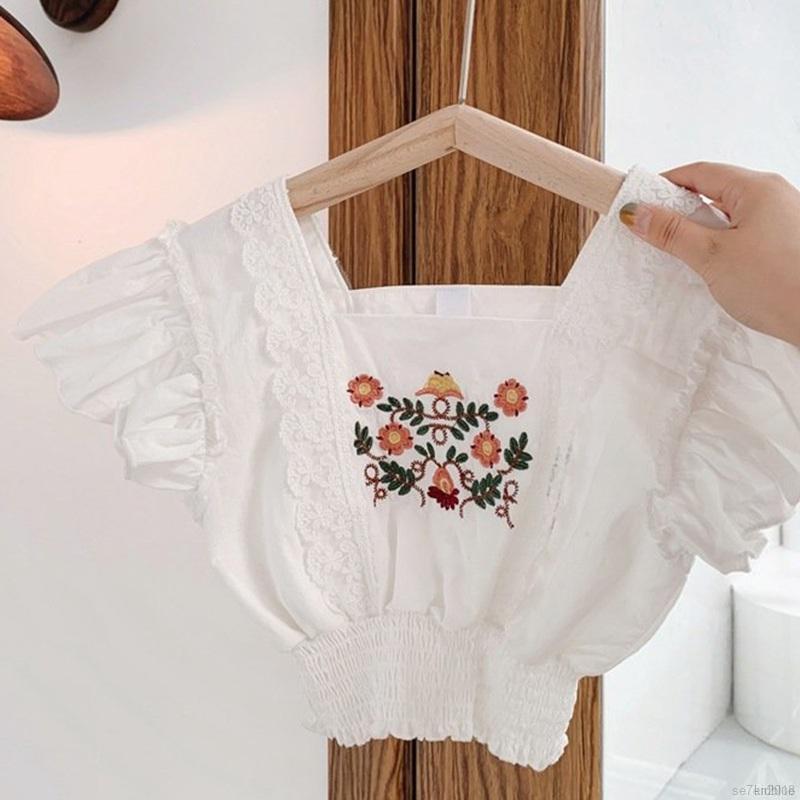Áo kiểu tay ngắn phối ren phong cách Hàn Quốc thời trang xinh xắn cho bé gái