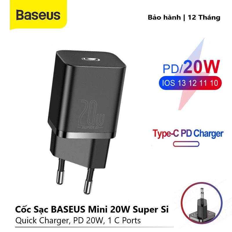 Củ Sạc Nhanh Baseus Super Si Mini PD 20W / Củ sạc nhanh PD Baseus Speed Mini 18W PD 3.0 - Bảo hành 12T