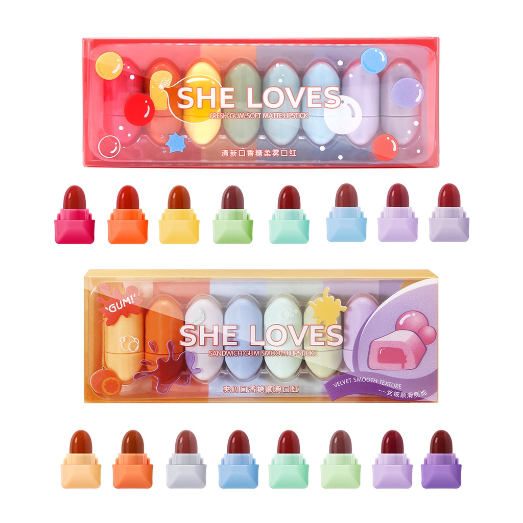 Set 8 Son Môi Mini Lâu Trôi Không Thấm Nước Thiết Kế Hình Viên Kẹo Dễ Thương