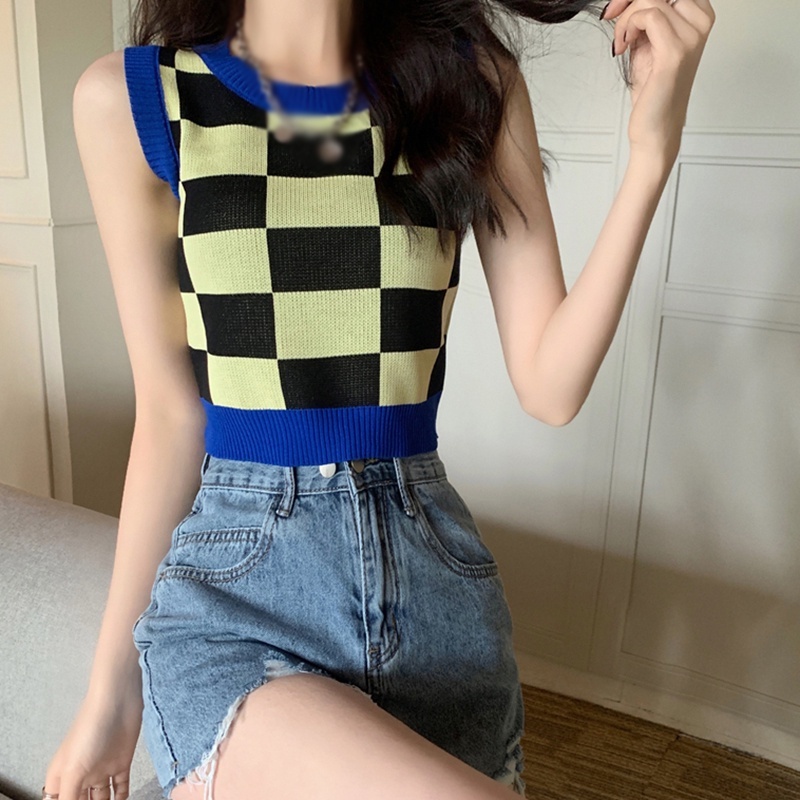 Áo Croptop Dệt Kim Không Tay Dáng Rộng Màu Sắc Thời Trang Cho Nữ