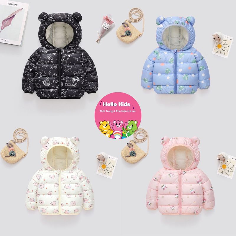 Áo khoác cho bé, áo phao lót lông cho bé gái hàng xuất dư xịn mặc mùa đông siêu ấm Hello Kids size từ 6 tháng đến 3 tuổi