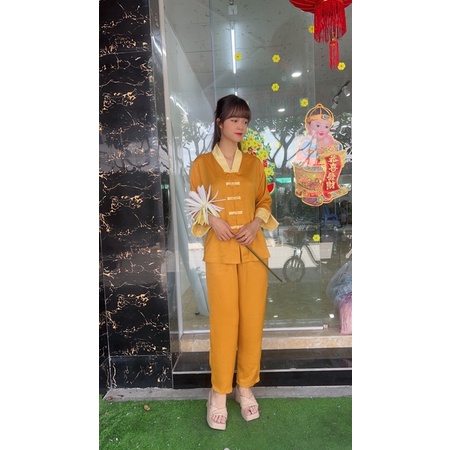 Đồ lam đi chùa lụa cao cấp, thời trang nữ, đồ bộ đi chùa, la hán phối