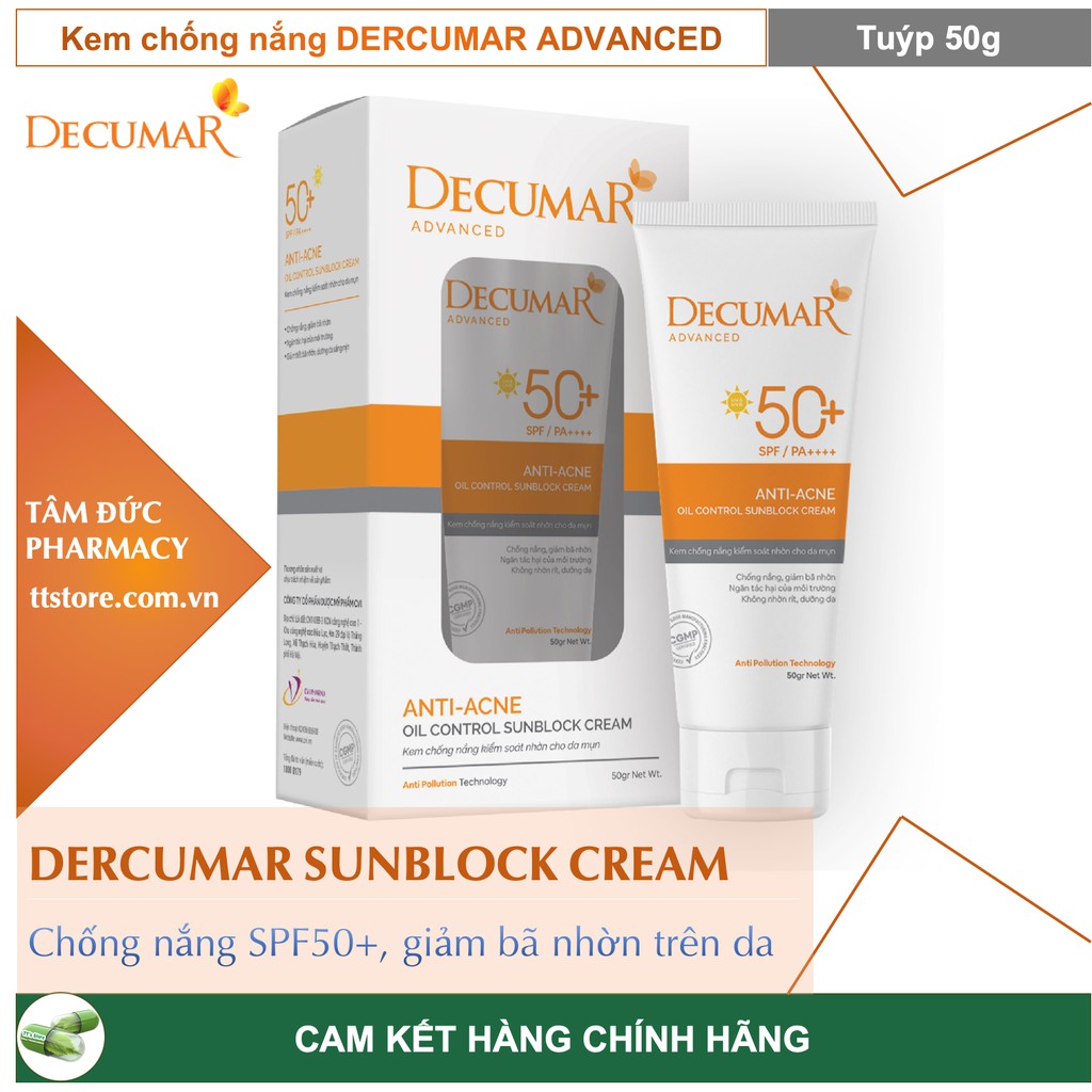 Kem Chống Nắng Kiểm Soát Nhờn Cho Da Mụn DECUMAR SUNBLOCK CREAM [SPF50+] 50gr [decuma, advanced, dercuma, dercumar]