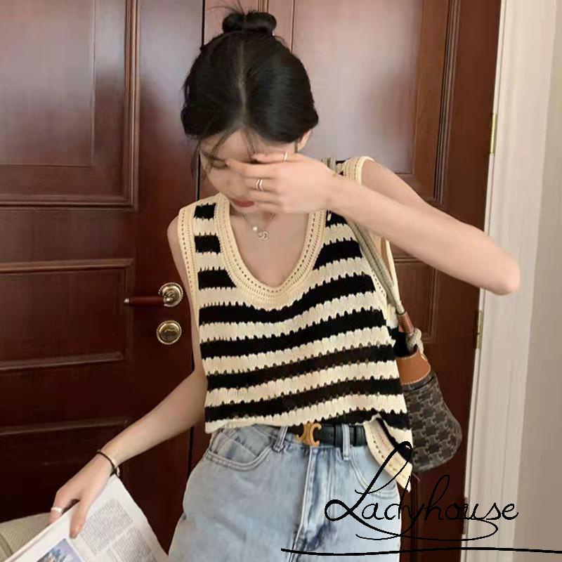 Áo Len Không Tay Họa Tiết Sọc Màu Sắc Tương Phản Thời Trang Cho Nữ