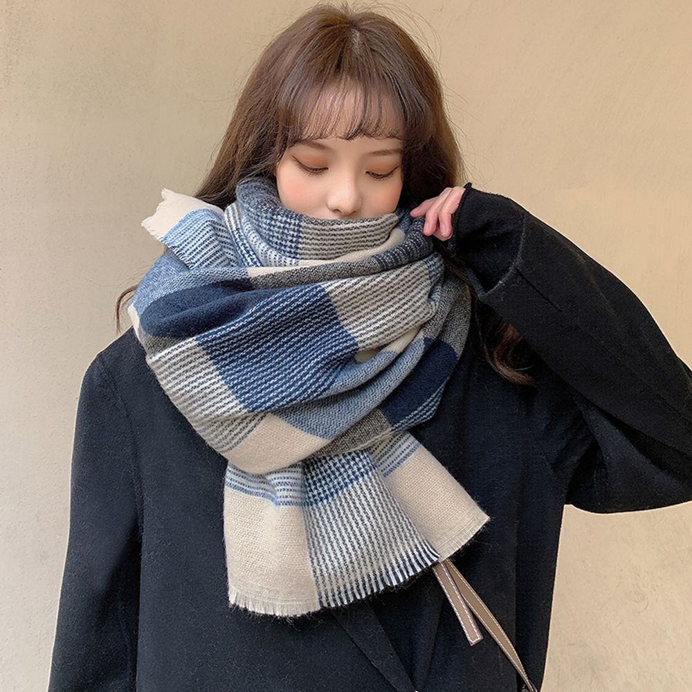 Khăn choàng cổ dài kẻ sọc caro chất liệu cashmere mềm mại thời trang thu đông phong cách Hàn Quốc cho nữ