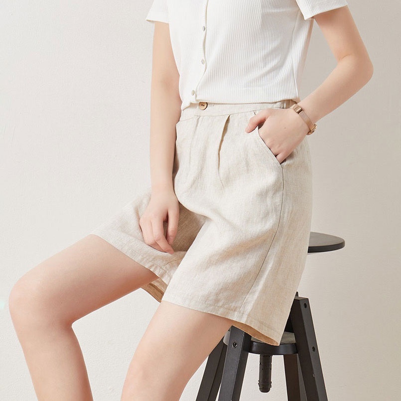 Quần sooc nữ mặc nhà cạp cao vải đũi TADA QĐ05