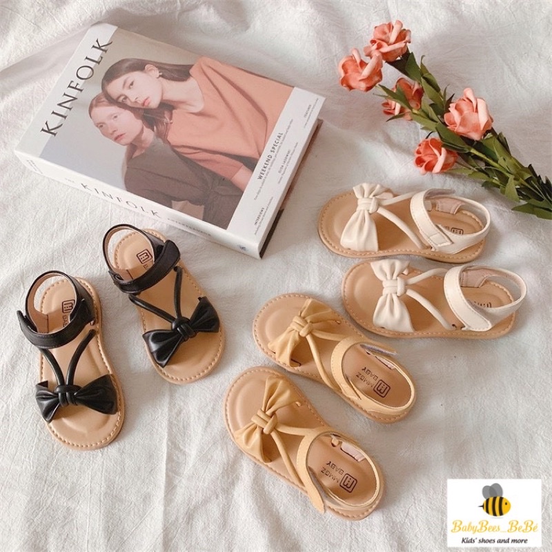 Sandal cho bé gái, dép quai hậu phối nơ quai chéo siêu cute đế mềm chống trơn trượt, 736 sz21 -sz30, trắng, đen, vàng