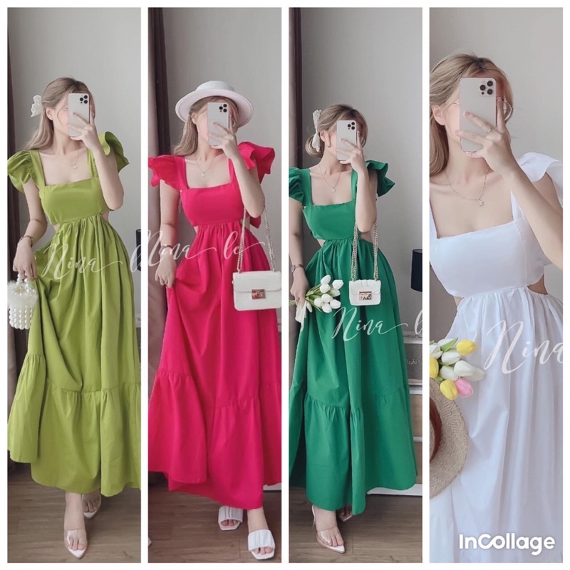 Maxi xanh bơ hồng bèo vai chun sau