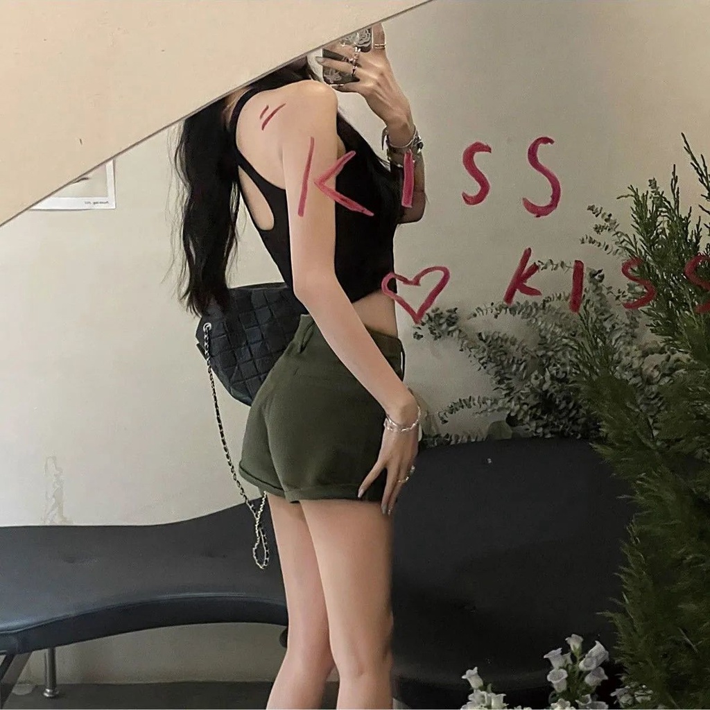 JSC Jiashucheng Quần Short Denim Lưng Cao Dáng Ôm Có Túi Màu Xanh Lá Quân Đội Phong Cách Retro Mùa Hè Cho Nữ