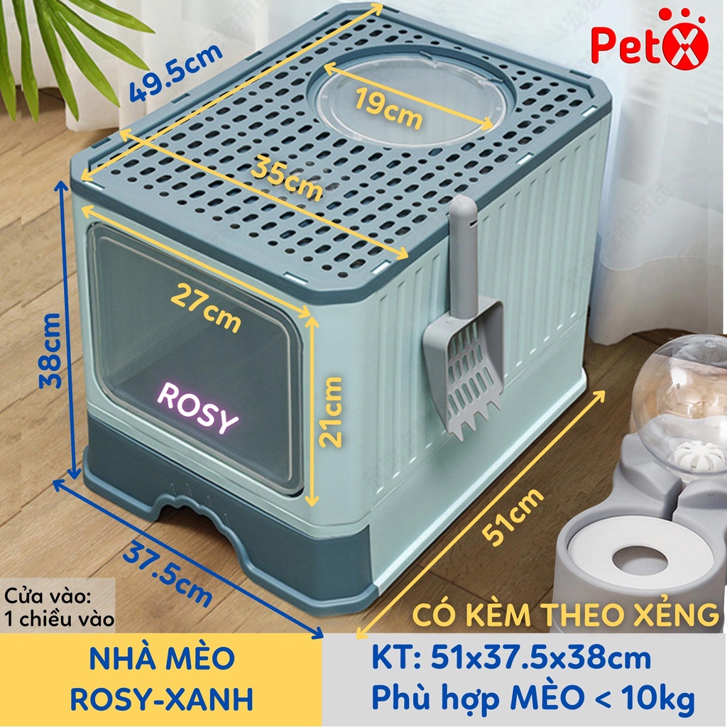 Nhà vệ sinh cho mèo có ngăn kéo khép kín có cửa vào ra riêng chống văng cát kèm xẻng Boxy PetX