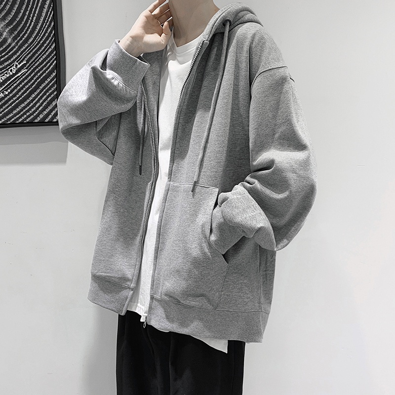 Áo Khoác Hoodie Tay Dài Dáng Rộng Màu Sắc Đơn Giản Phong Cách Hồng Kông Thời Trang Cho Nam