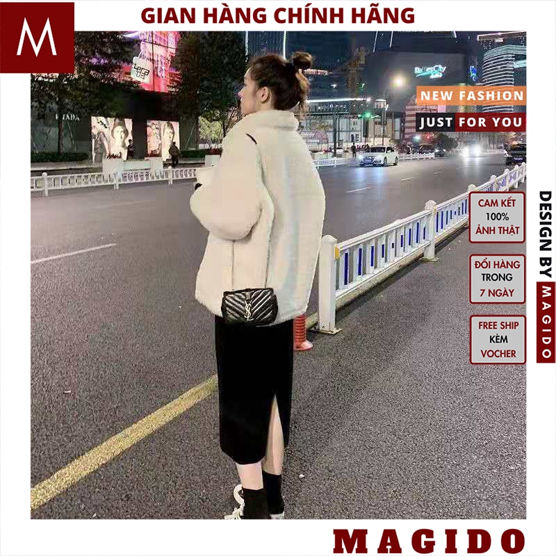 Set áo khoác lông cừu cổ bẻ kèm váy body tăm len mặc trong, váy đen cổ lọ mix áo lông trắng túi hộp - MAGIDO