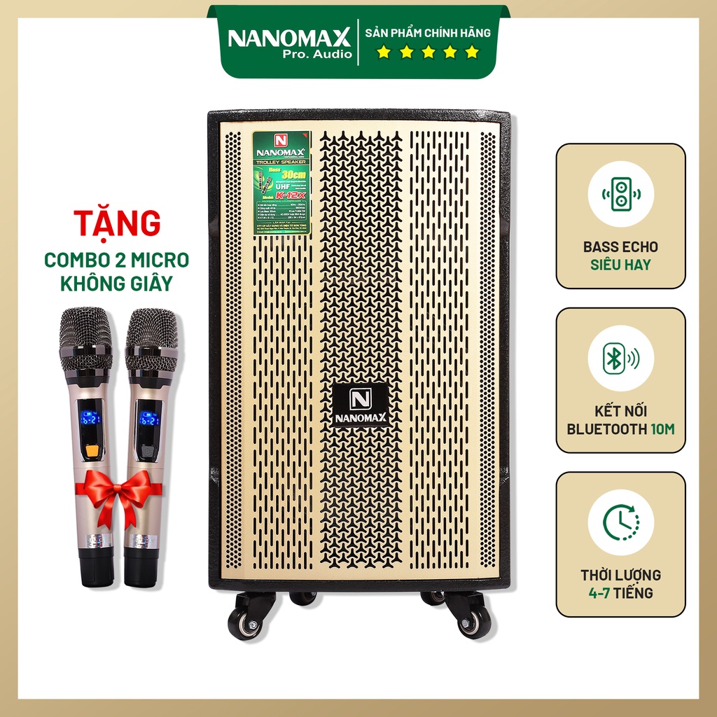 Loa Kẹo Kéo Karaoke Nanomax Bluetooth K-12X 2022 Bass 30 Tặng 2 Mic Không Dây Âm Thanh Siêu Đỉnh Công Suất 360W