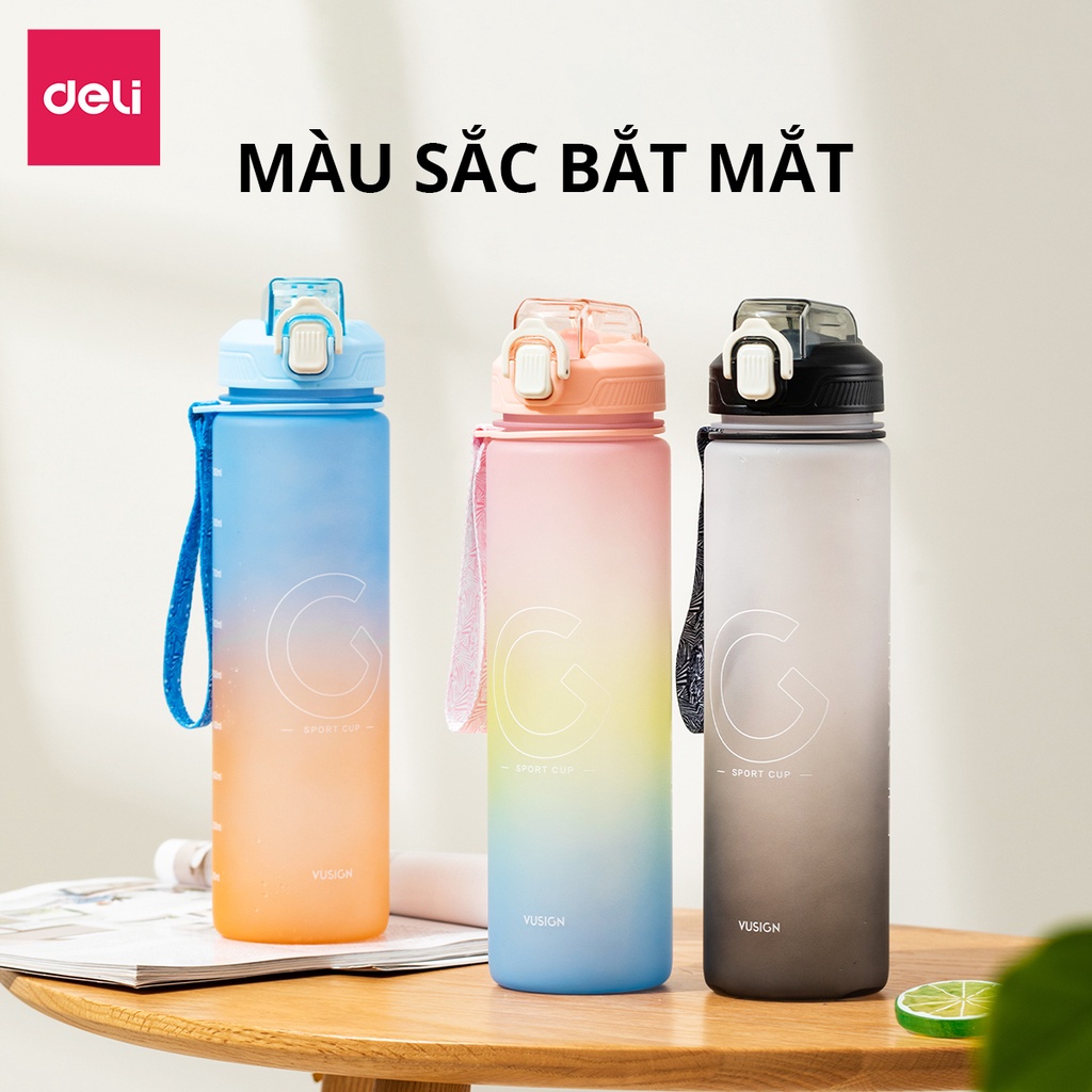 Bình nước 1 lít Deli - Bản thiết kế mới, không mùi nhựa, có giấy kiểm định chất lượng an toàn với sức khoẻ người dùng
