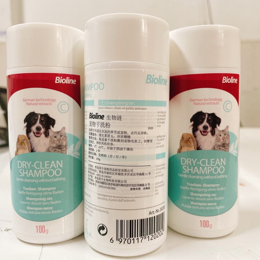 Phấn/bột tắm rửa khô cho chó mèo  Bioline 100g không cần tắm lại nước