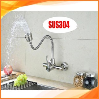 Vòi rửa chén bát nóng lạnh gắn tường Inox 304 không hoen gỉ, thân xoay 360 độ
