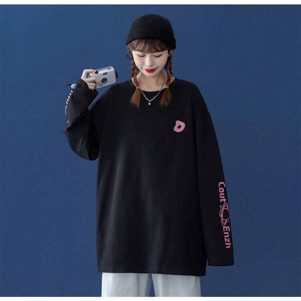 Áo thun dài tay in ngực in tay thu đông unisex Ulzzang form rộng dáng rộng chất liệu 100% cotton