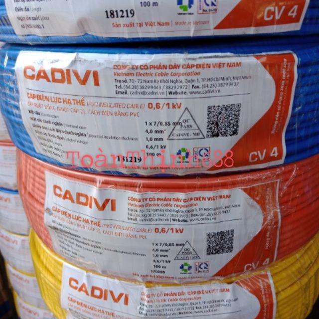 Dây điện đơn CV4.0mm² Cadivi (100mét cáp đơn 7 lỏi đồng)