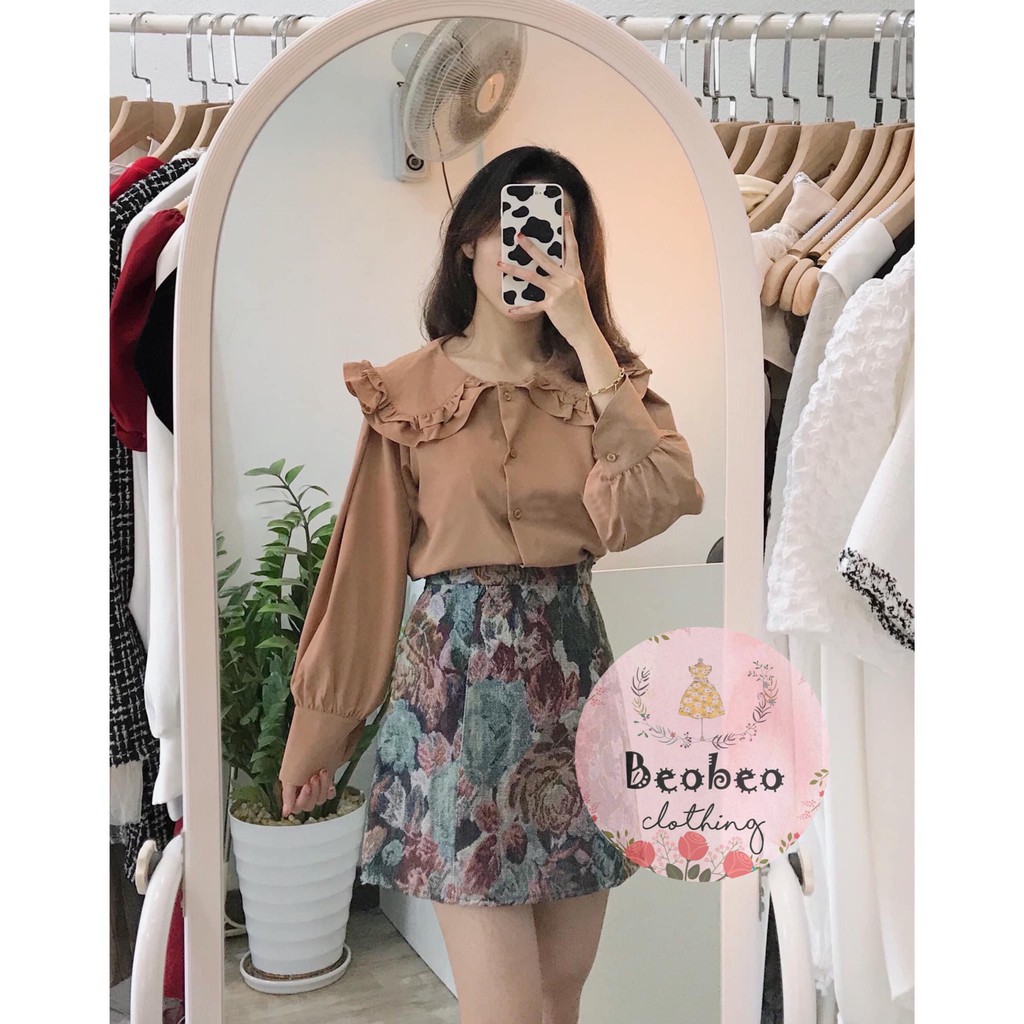 Set áo cổ sen tay phồng kèm chân váy hoa chữ A vintage