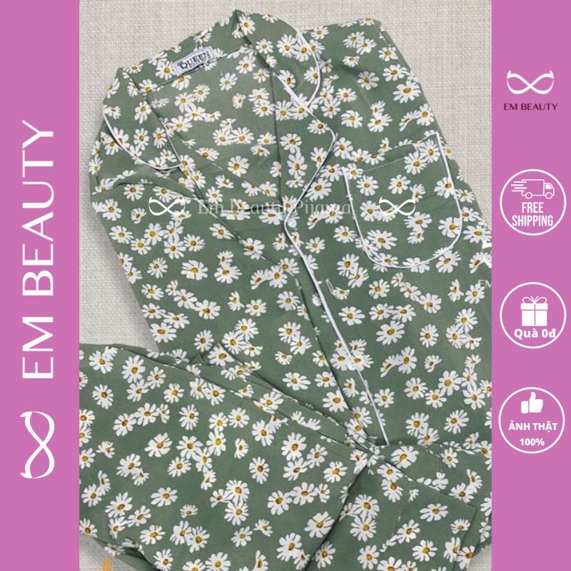 Pijama lụa EMBEAUTY đồ ngủ nữ, bộ mặc nhà dài tay, lụ.a mango họa tiết cúc, sau sinh, freesize CÓ FREESHIP TẶNG QUÀ_EM01