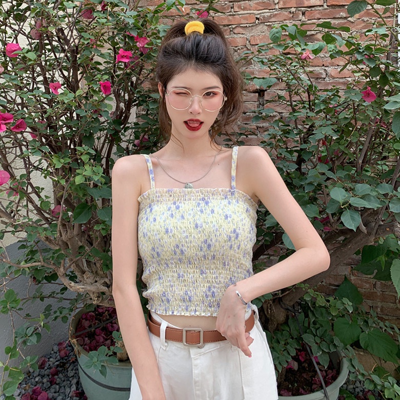 SUXI Set Áo Sơ Mi Tay Dài Màu Trơn + Áo Hoa Hai Dây Thời Trang Mùa Hè Cho Nữ