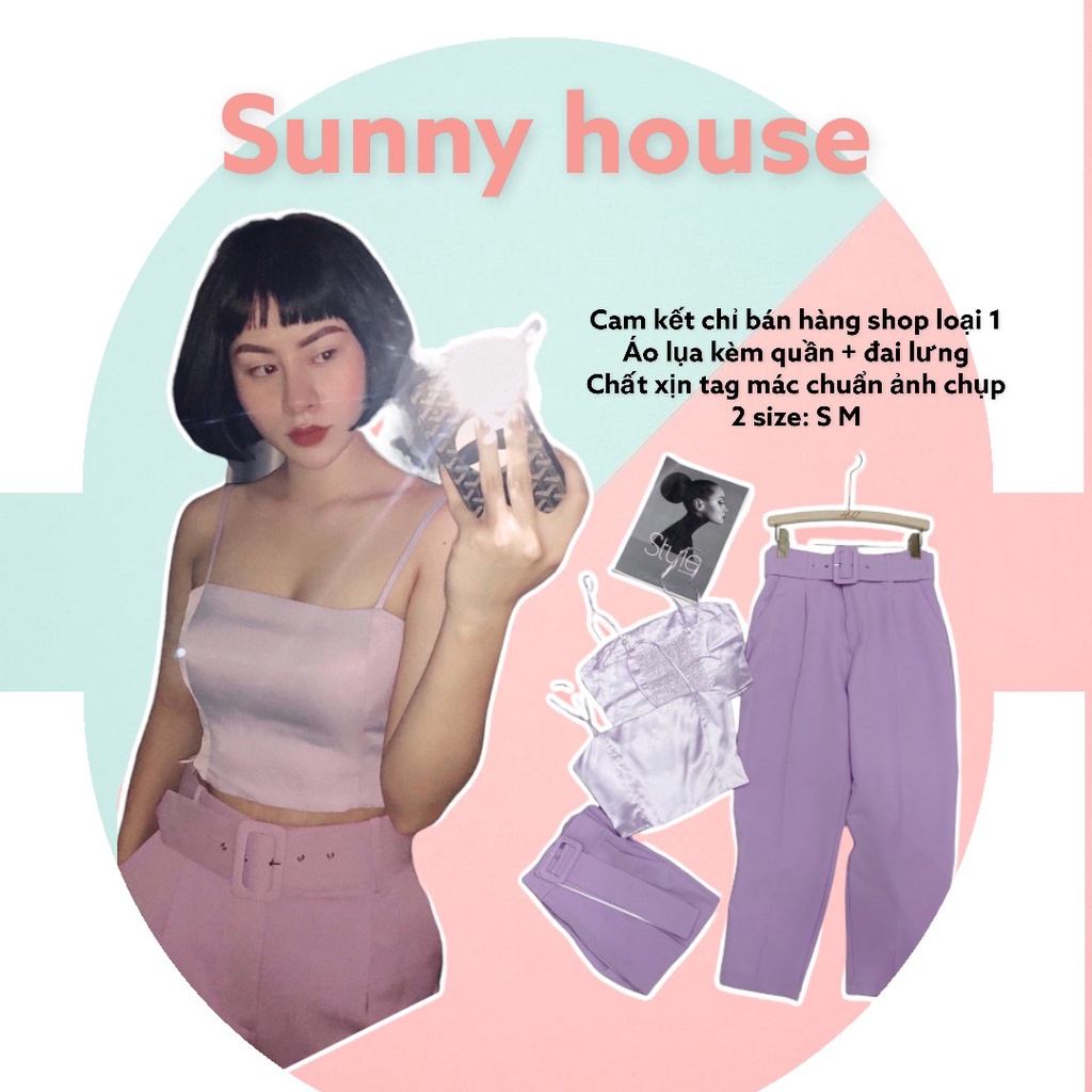 Set áo lụa dây kèm quần baggy lưng cao có dây belt rời