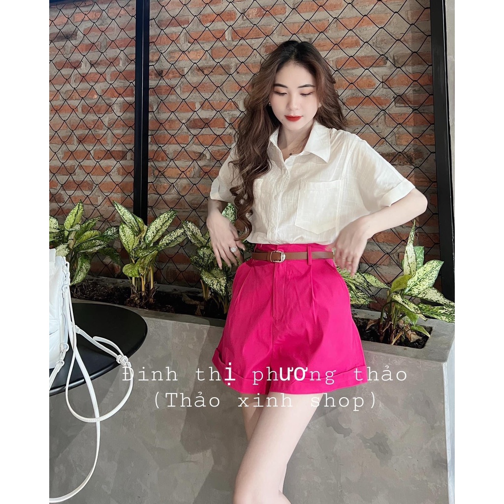 Sét bộ nữ áo sơ mi trắng cộc tay cùng quần short (sooc)dáng xắn gấu màu hồng cạp cao kèm đai quần hàng sẵn fullsize