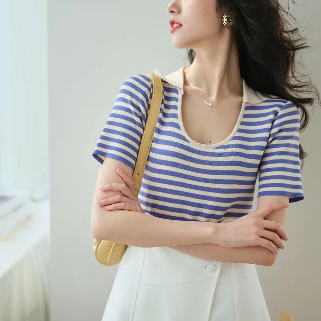SUXI Áo Thun Ngắn Tay Cổ V Họa Tiết Sọc Ngang Đơn Giản Dễ Phối Đồ Cho Nữ