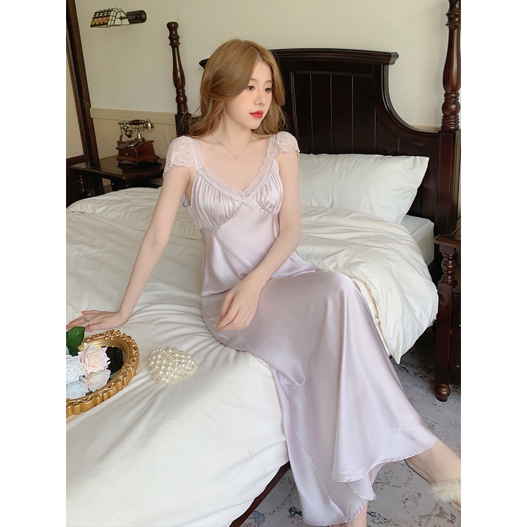 Váy lụa mặc nhà 2 dây nữ phối ren cúp ngực quảng châu
