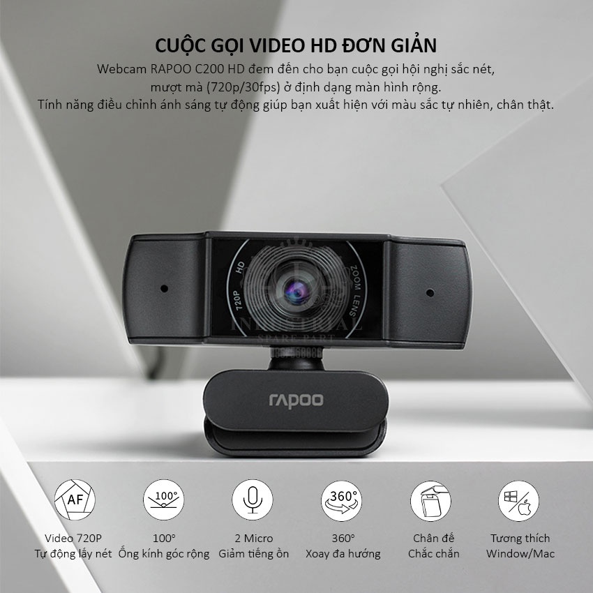 Webcam Rapoo C200 HD 720p học online, gọi điện video, webcam họp trực tuyến, Live Stream Hàng chính hãng, cắm là chạy