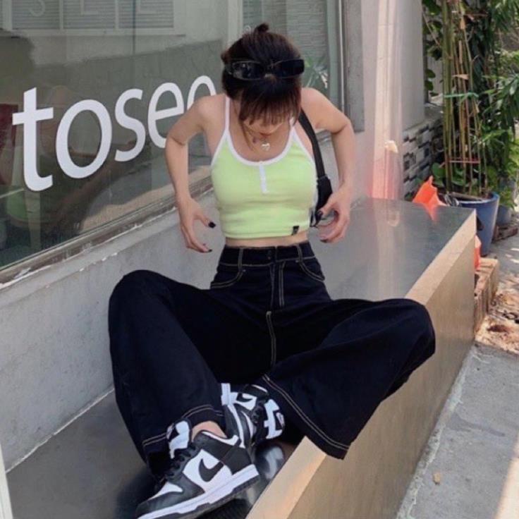 Áo Thun Croptop Hai Dây Cúc Phối Viền 4 Màu Hot Hit Đẹp