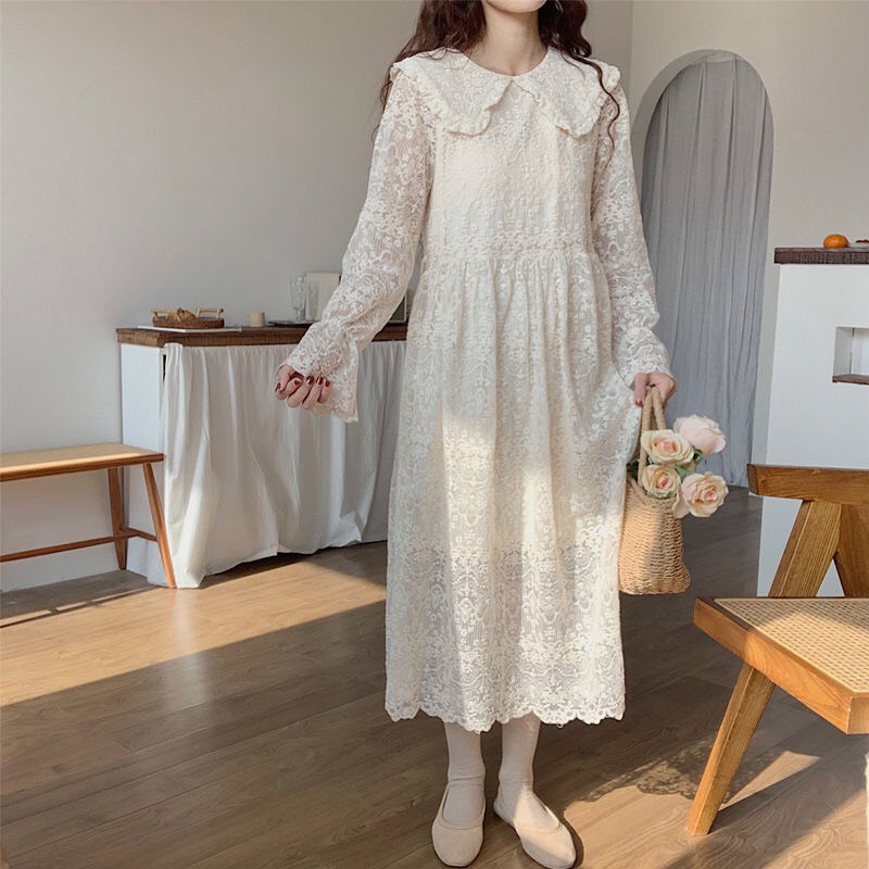 Đầm dài tay trắng tiểu thư Vintage