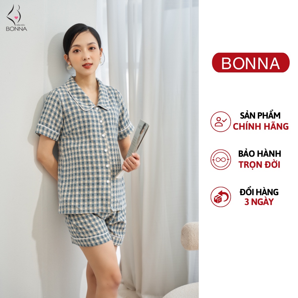 Bộ bầu mùa hè BONNA chất liệu đũi cao cấp, dáng ngắn trẻ trung, nữ tính, mặc trước và sau sinh, cạp quần chun cúc B039