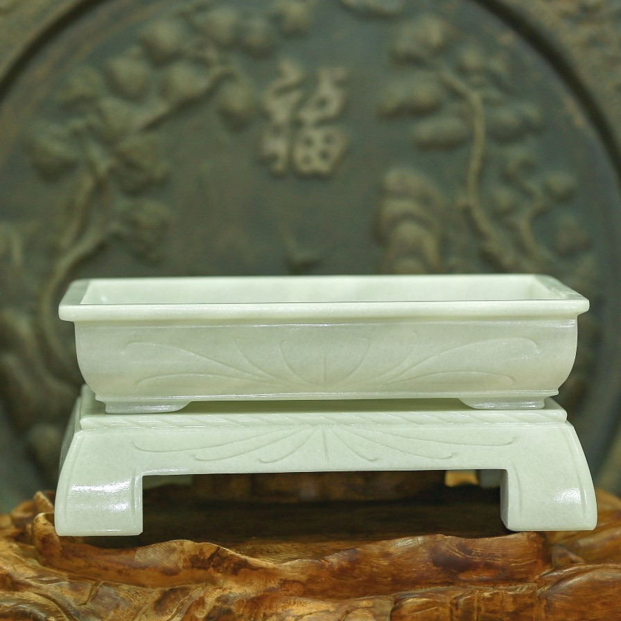 Chậu đá trắng xám chữ nhật đục khắc tay thủ công nguyên khối trồng cây bonsai mini, thả hoa, KT: 26x19x19