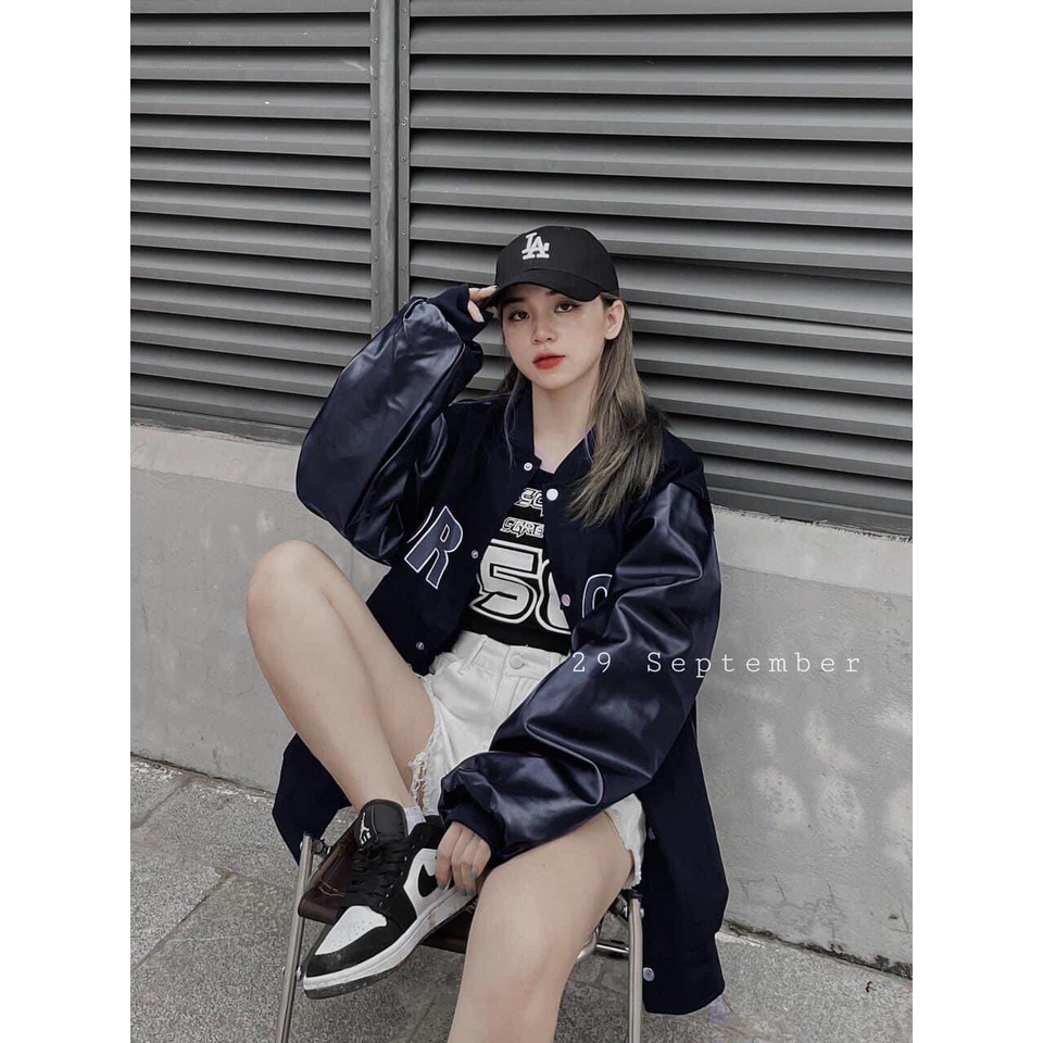 Áo Khoác Nam Nữ, Áo Bomber FORGET Dáng Sport Nỉ Phối Tay Da