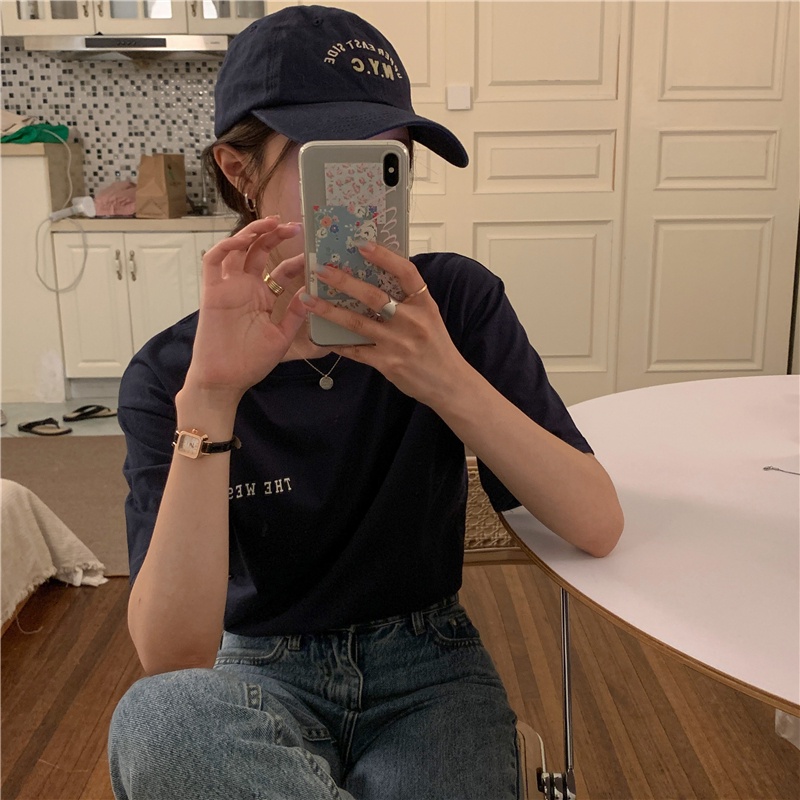 SUXI Áo thun dáng rộng tay ngắn cổ tròn in chữ phong cách retro thời trang hè cho nữ