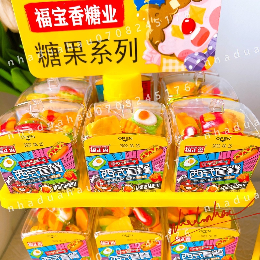 Hot - Một hộp kẹo dẻo burger/ cola/ sprite/ fanta Tháp Chú Hề Hongkong hình hộp mứt cúp lớn 100gam
