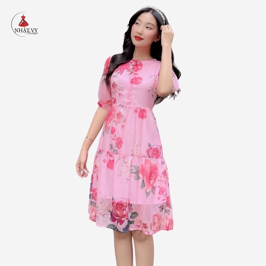 Đầm Nữ NHẬT VY Cổ Tròn Tay Chun Lửng Chất Liệu Voan Hoa Đi Chơi Dáng Xòe Màu Xanh, Hồng - D1941