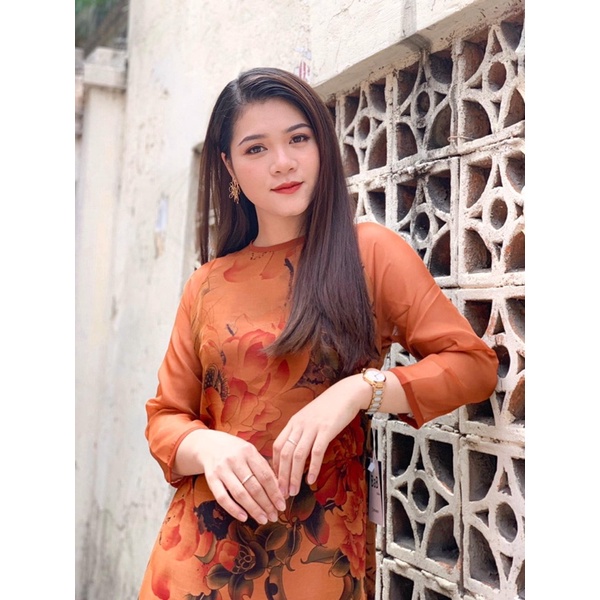 Áo dài thiết kế hoạ tiết hoa sen Thanh lịch ko kèm quần