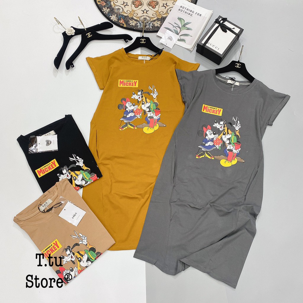 Váy dáng dài thể thao in hình hoạt hình mickey chú chó disney chất cotton dày dặn