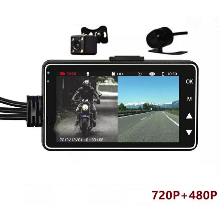 Camera hành trình xe máy màn hình 3 inch, camera trước và sau