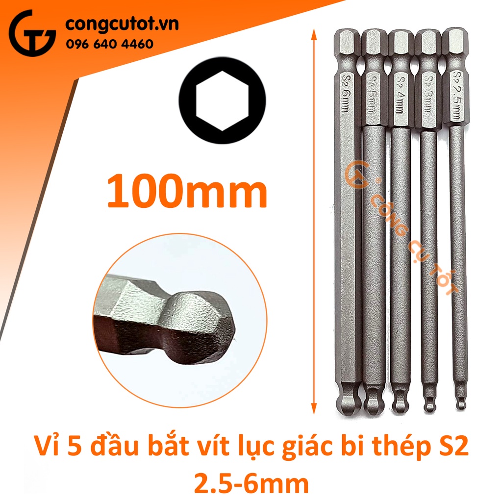 Vỉ 5 đầu bắt vít lục giác bi chuôi lục thép S2 Φ2.5 - Φ6.0 dài 100 mm