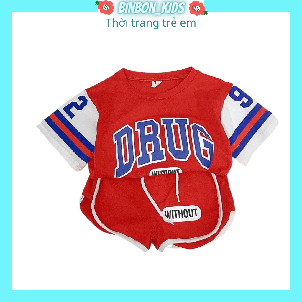 Đồ bộ bé trai in chữ DRUG dáng thể thao cho bé, bộ cộc tay bé trai chất Cotton thông hơi cho bé Từ 8-27